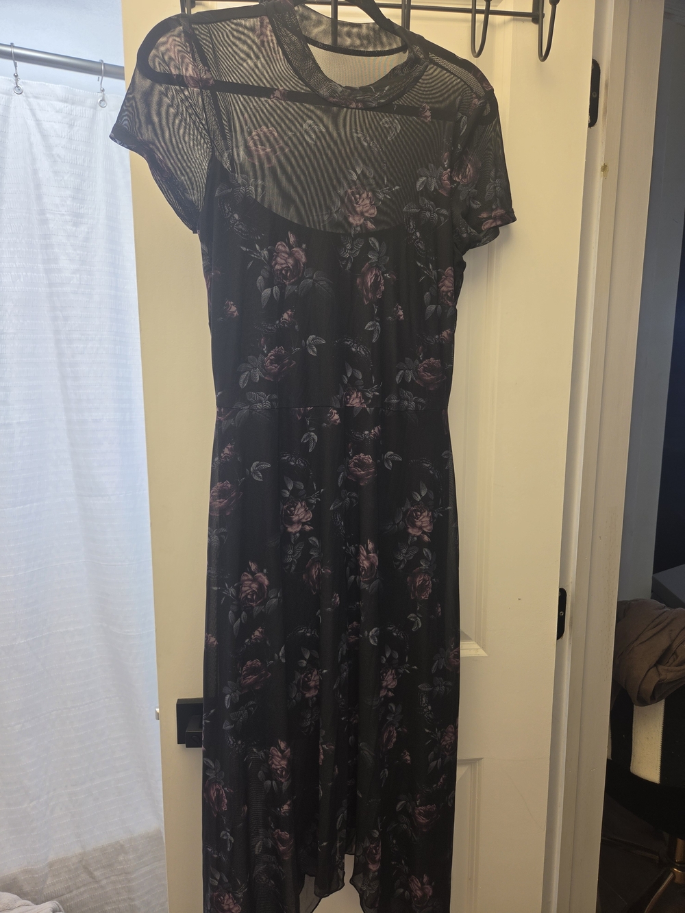 Black Midi Dress with Purple Floral Print and Mesh Yoke